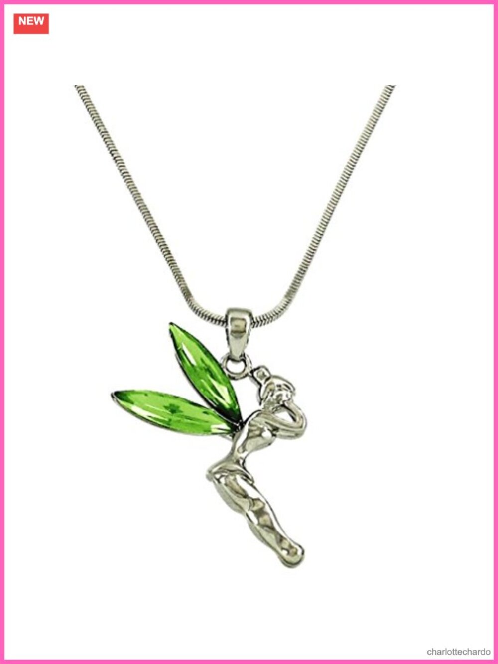 Silvertone Fairy Tinkerbell Pendant Necklace Green Crystal Wings Gift